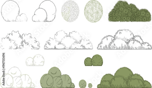 Minimalist bushes and shrubs illustration set with line art, stippling, and green shaded foliage styles for landscape design, botanical drawing, and architectural visualization