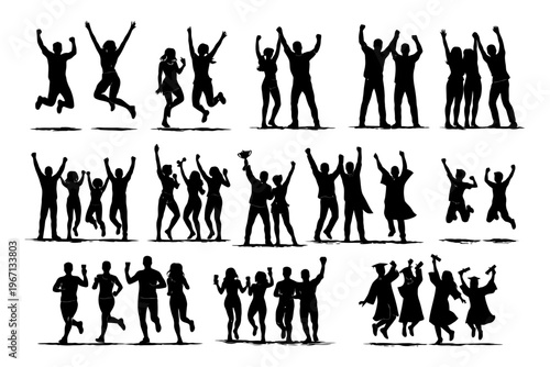 Silhouette group celebrating achievements with sports and graduation success.