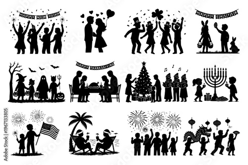 Silhouette festive celebrations: diverse holidays and traditions in black and white.