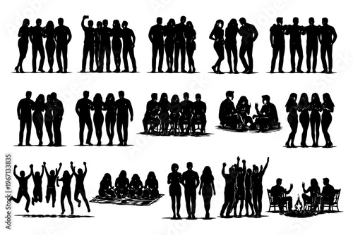 Silhouettes of diverse groups engaging in social activities and celebrations.