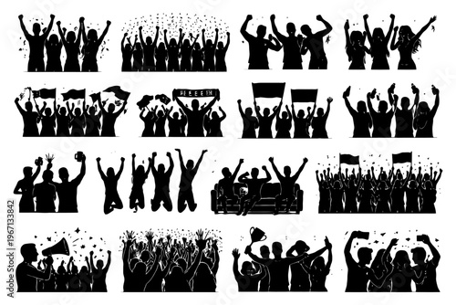 Enthusiastic crowd celebrations with diverse groups and flags.