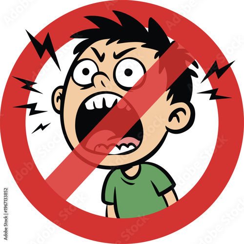 Angry Screaming Boy Cartoon Character Inside Red Prohibited Sign for No Shouting Quiet Zone and Behavior Warning Isolated on White