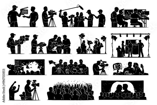 Diverse film crew and audience illustrations in various cinematic scenarios.
