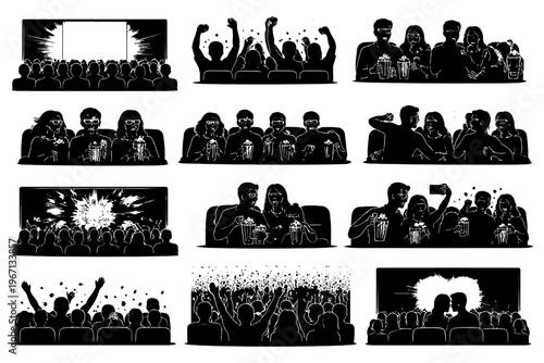 Silhouette of diverse groups enjoying movie theater experience.