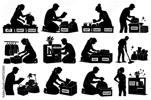Silhouettes of people organizing and donating clothes and items.