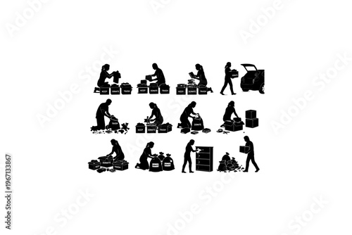 Silhouette illustrations of people packing and loading boxes.