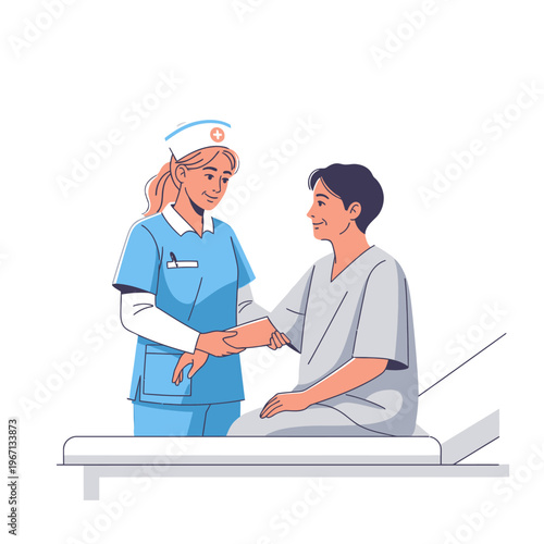 Nurse Assisting Patient Sitting On Medical Bed - Healthcare Illustration