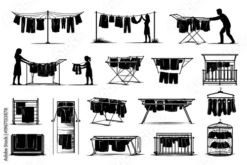 Silhouettes of diverse people hanging laundry on clotheslines and racks.