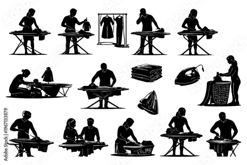 Silhouette of adults ironing and folding clothes with iron and laundry basket.
