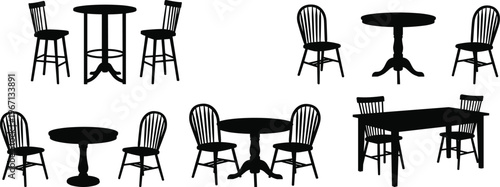 Vintage dining table and chair silhouettes vector set, classic wooden furniture collection for interior decor, retro style seating illustration