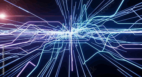 Neon light trails, glowing lines, abstract background, futuristic technology