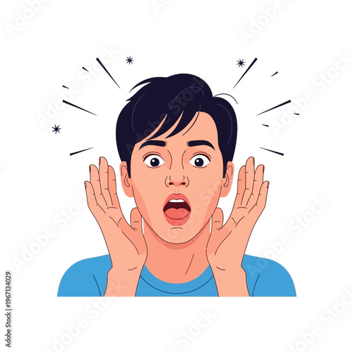Shocked Young Man with Open Mouth and Wide Eyes, Holding Hands to Cheeks, Expressing Astonishment