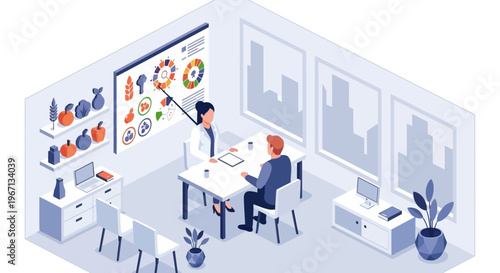 Doctor consulting patient about health and nutrition in office.