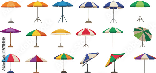 Colorful beach umbrellas collection, summer parasol set, outdoor shade equipment, vibrant designs, seaside vacation concept, sun protection accessories illustration graphic