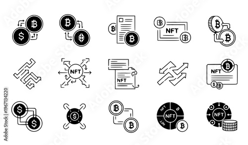 A collection of black and white vector icons illustrating various cryptocurrency and NFT concepts in a minimalist flat design style