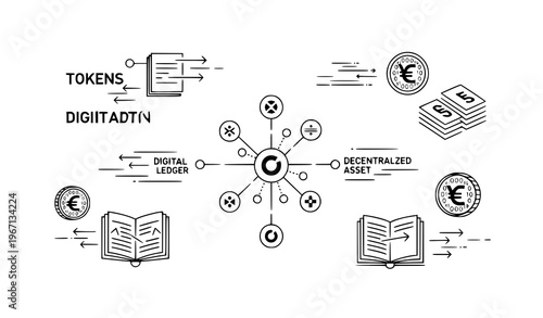 A vector graphic illustration depicting the concept of digital assets and tokenization with various icons and symbols