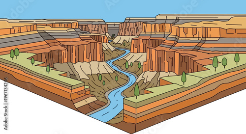 Cross section of a grand canyon with river and trees.