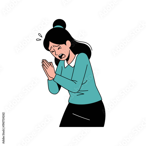 Woman begging, pleading, hands clasped, distressed expression, cartoon illustration