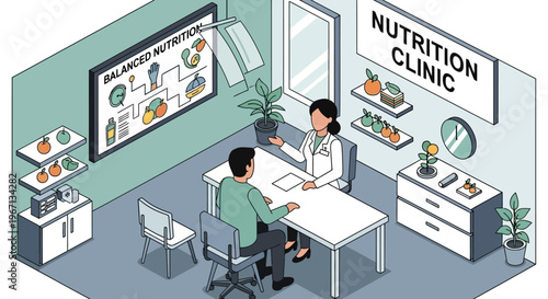 Nutritionist consulting with a patient in a clinic office.