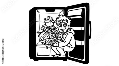 Minimalist Refrigerator with Midnight Snack Cartoon Line Art, Monochrome Vector Illustration of Night Craving Humor