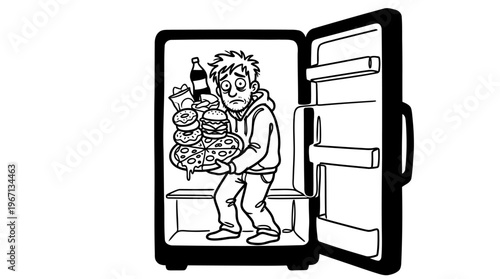 Minimalist Refrigerator with Midnight Snack Cartoon Line Art, Monochrome Vector Illustration of Night Craving Humor