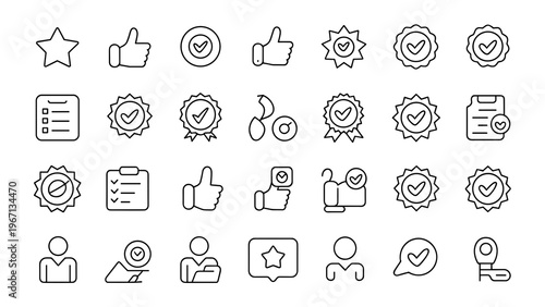 Minimal line vector 30 quality control icons, includes star ratings, thumbs up, premium badge, certification stamp, evaluation checklist, award symbols, satisfaction indicators, service quality and su