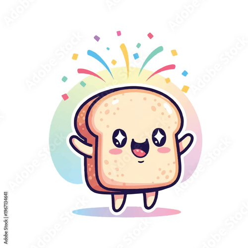 A cheerful cartoon slice of bread with a smiling face, standing in front of a colorful background with confetti. Perfect for celebrations, children's content, and marketing materials.