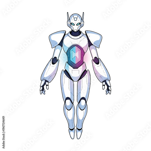A futuristic robot with a glowing blue and pink crystal on its chest, presented in a digital illustration style with pastel tones on a white background. Perfect for sci-fi, technology, and