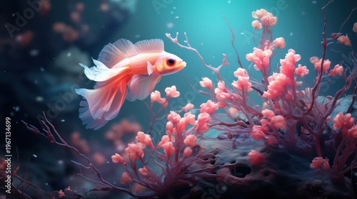 Beautiful red fish in aquarium. Underwater world