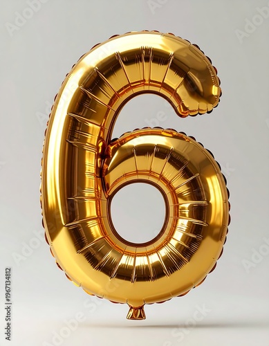 A large, gold, foil balloon shaped like the number six, is centered against a clean white background. Its surface gleams in light