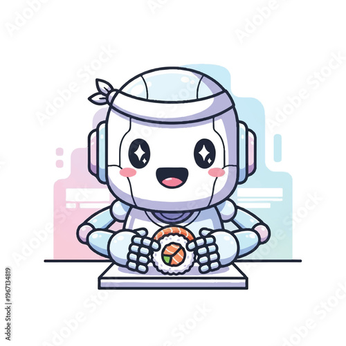 A cartoon robot dog wearing a headset and sitting at a computer with a controller. Perfect for gaming, technology, and cartoon illustrations.
