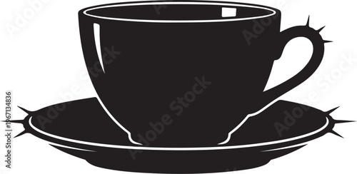 Black coffee cup and saucer with white outline