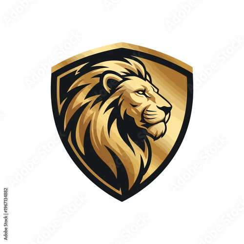 Majestic Golden Lion Head in a Shield Emblem Design.
