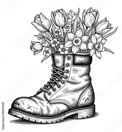 Work boot with spring flowers vector drawing for gardening or farm theme design.