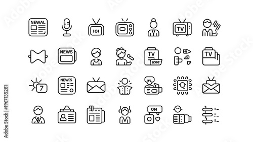 Media and Journalism Icons 30 Line Symbols News Report TV Broadcast Vector Set