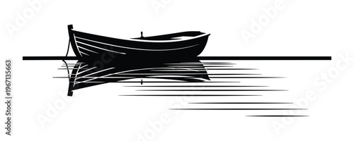 Small fishing boat reflection on water. simple vector graphic design element.