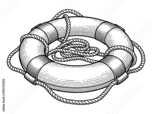 Lifebuoy with rope. vintage vector illustration in engraving style for safety.