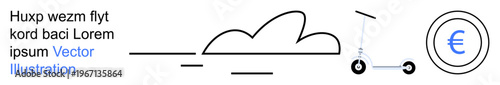 Urban mobility, eco-transportation, modern commuting, cost savings, green energy, European economy. Minimalist ion of a scooter, cloud and euro sign. Urban mobility and eco-transportation