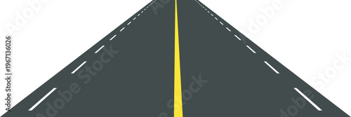 Perspective view of road going far away. Empty highway with marking stretching into distance. Travelling, trip, forward movement, future concept. Vector flat illustration.