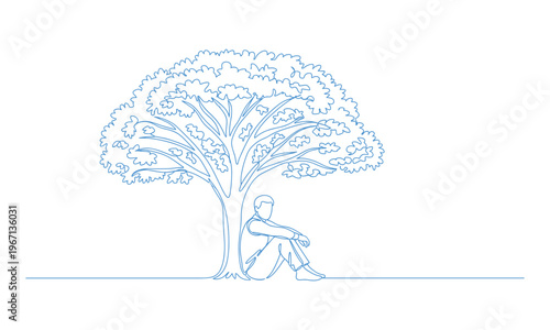 Person sitting under tree line art vector illustration isolated on transparent background.