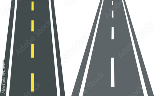 Perspective view of road going far away. Empty highway with marking stretching into distance. Travelling, trip, forward movement, future concept. Vector flat illustration.