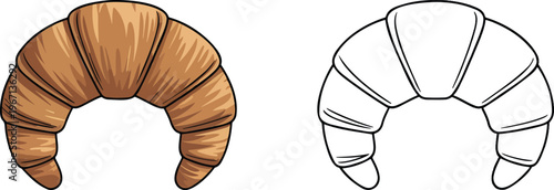 Croissant illustration & outline set isolated on transparent background 