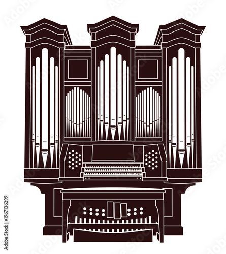 Pipe organ musical instrument vector silhouette, church concert sound equipment.