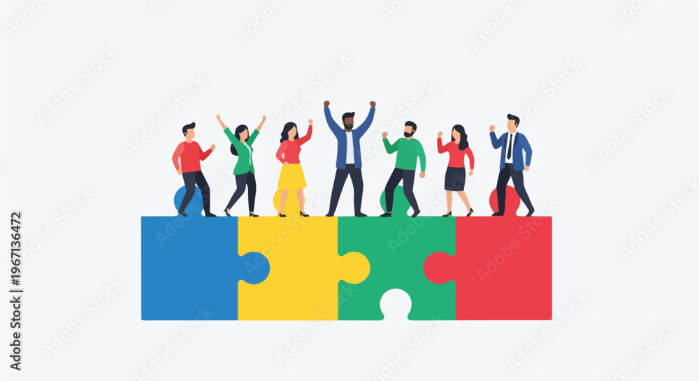 Fototapeta premium Diverse people standing on colorful puzzle pieces together