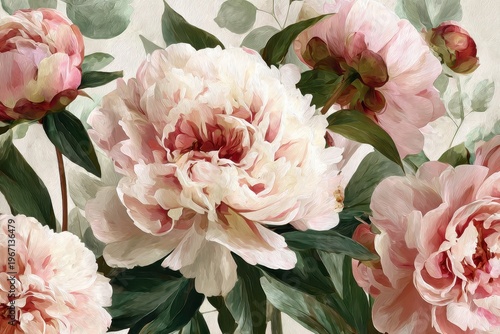 Pastel floral art of peony blossoms in airy watercolor composition