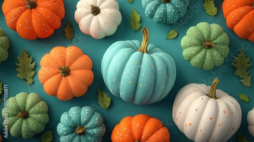 Colorful decorative pumpkins in various shapes and sizes arranged on a teal background with green leaves scattered among them for a festive autumn display. Halloween
