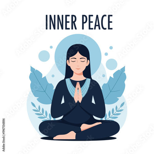 Woman meditating for inner peace, yoga pose, calm mind, zen, mindfulness, spiritual balance, nature elements