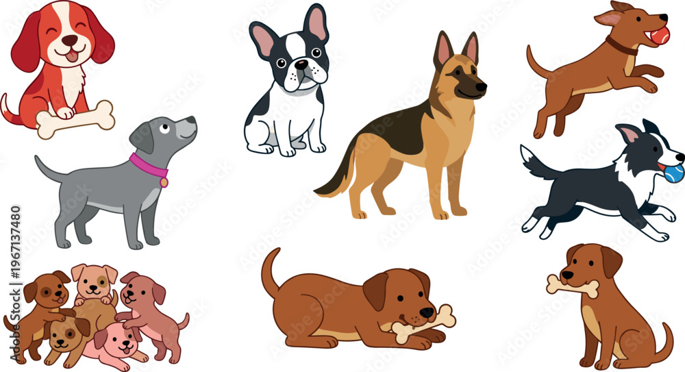 Obraz premium Vector Illustration of Cute Dog Breeds with Various Poses and Expressions for Pet and Animal Themes