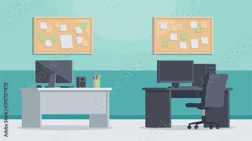 Modern office workstations with computers, bulletin boards, and minimalist design