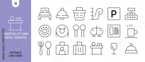 Hospitality and Hotel Service Line Icons Set – Restaurant, Room Service, Reception, Food and Beverage Outline Vector